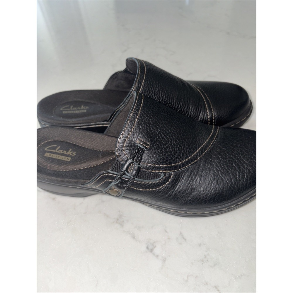 Collection By Clarks Women's 8 Clogs Open Back Black‎ Slip On Wedge Heel Leather